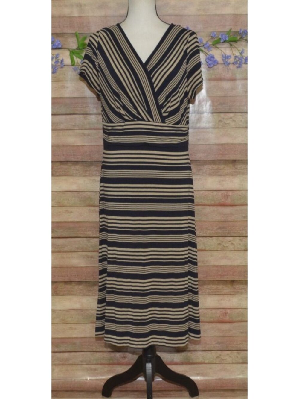 TALBOTS Navy & Cream Striped Midi Dress V-Neck Wrap Size L Stretch Rayon Spandex
